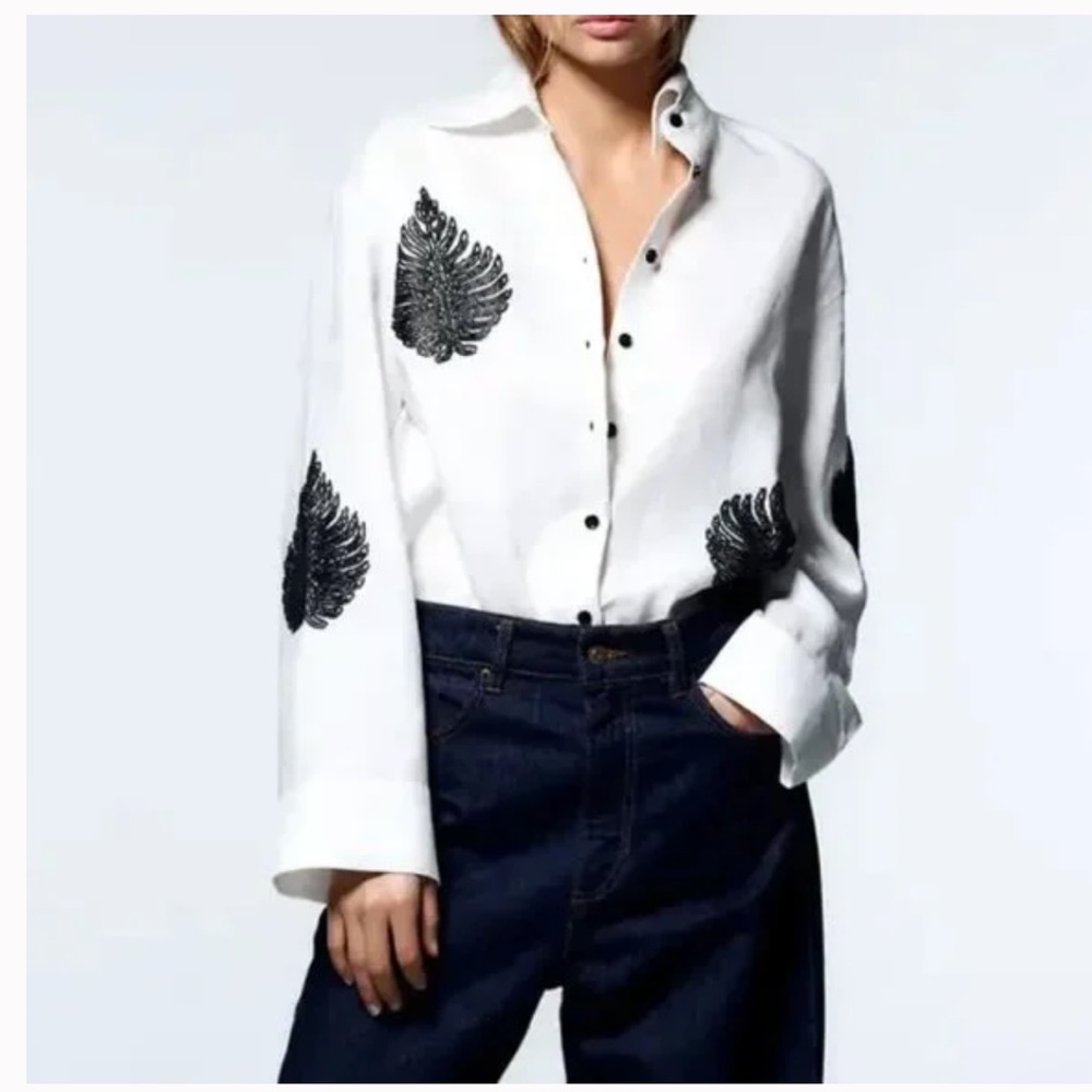 ZARA Woman Beaded Linen Top Oyster White Black Button Down
